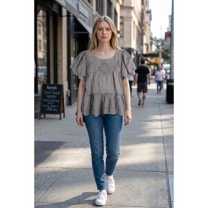 Rusttydustty Women Taupe Grey Crochet Lace Flutter Sleeve Ruffle Peplum Blouse L